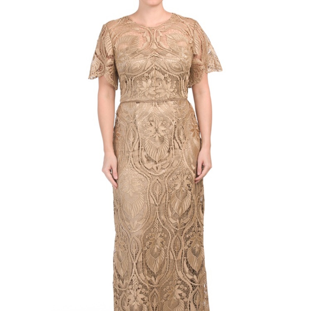 JS collections bell sleeve embroidered gold gown